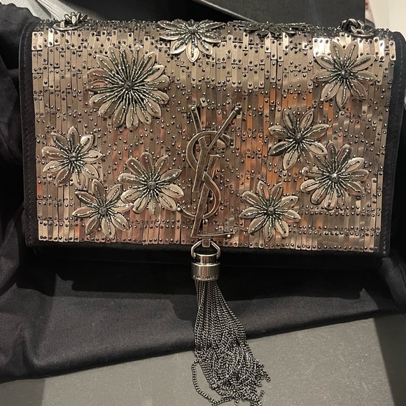 YSL Black Kate Tassel Bag With Beaded Flowers - Picture 3 of 6